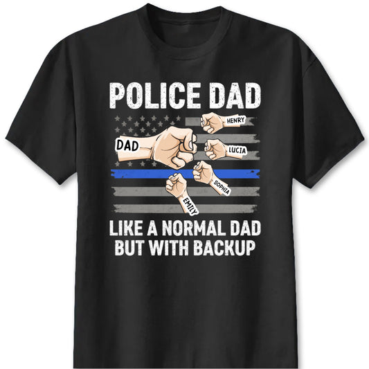Personalized police dad shirt with custom kids names and Thin Blue Line fist bump artwork for law enforcement fathers