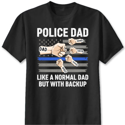Personalized police dad shirt with custom kids names and Thin Blue Line fist bump artwork for law enforcement fathers