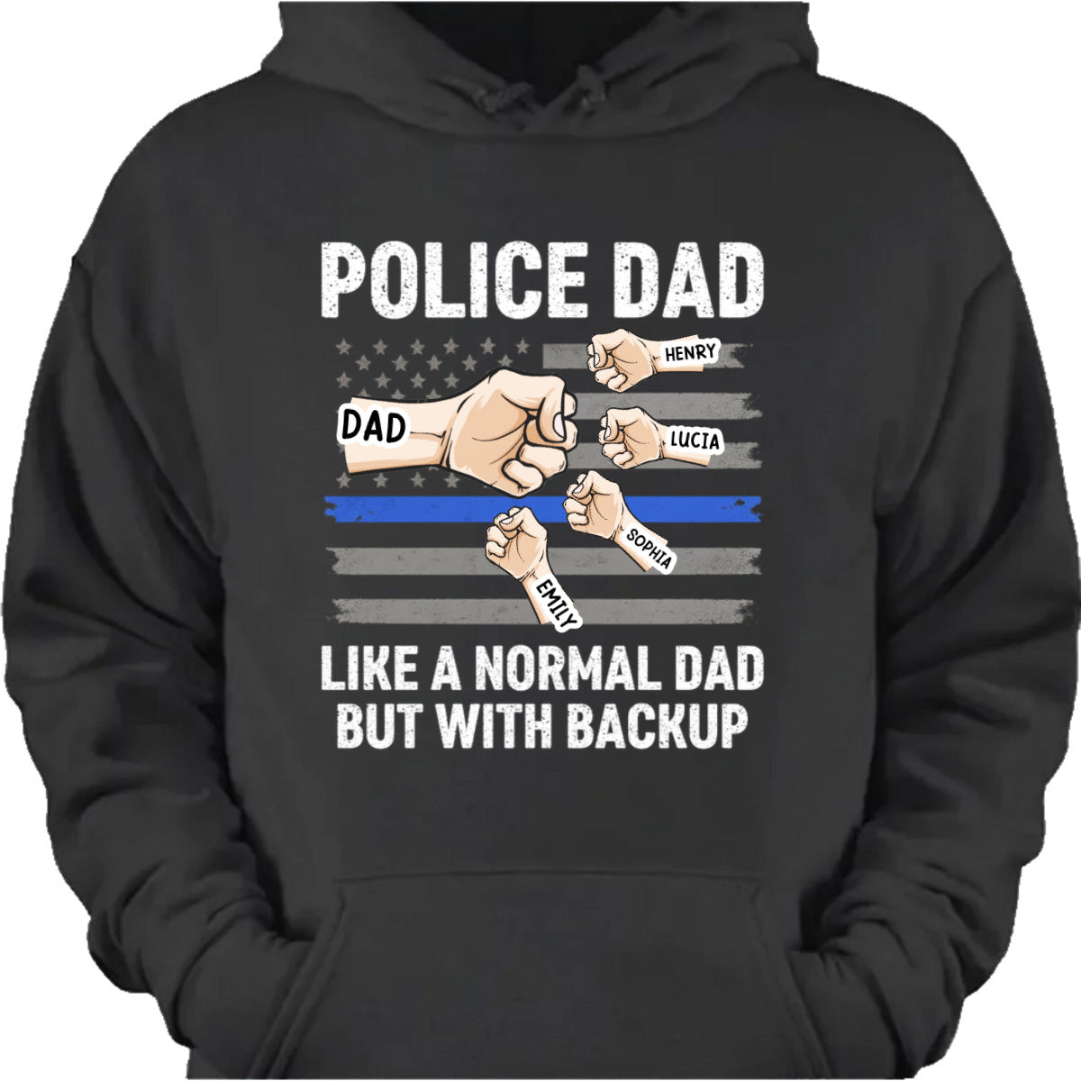 Personalized police dad shirt with custom kids names and Thin Blue Line fist bump artwork for law enforcement fathers image 8