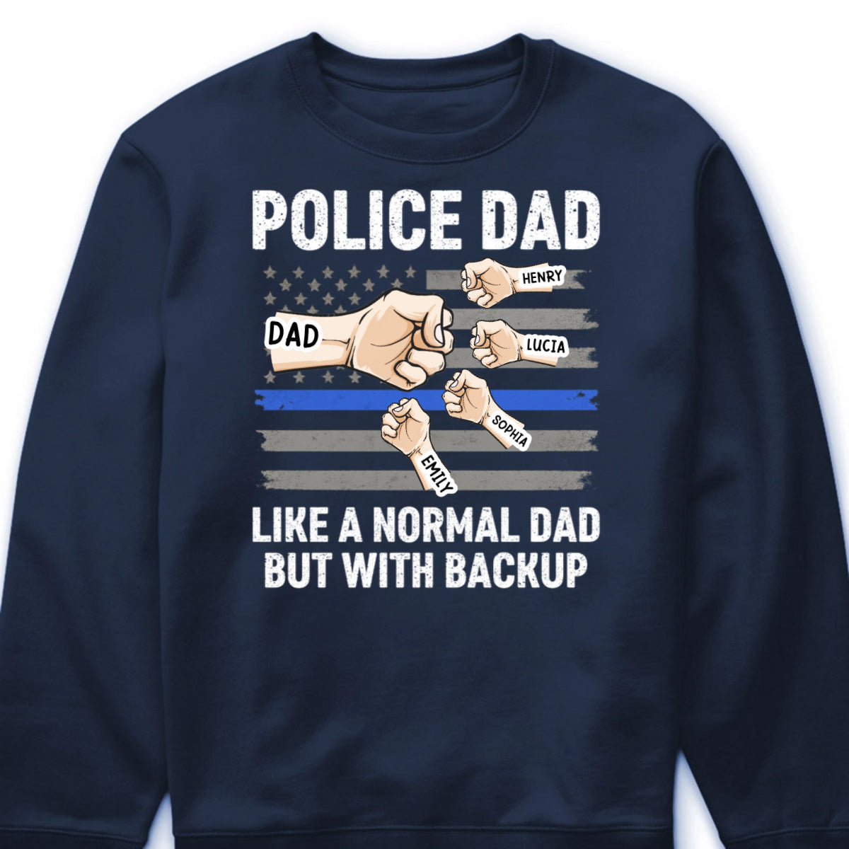 Personalized police dad shirt with custom kids names and Thin Blue Line fist bump artwork for law enforcement fathers image 6