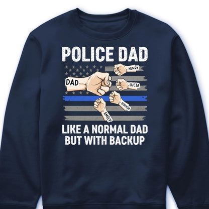 Personalized police dad shirt with custom kids names and Thin Blue Line fist bump artwork for law enforcement fathers image 6