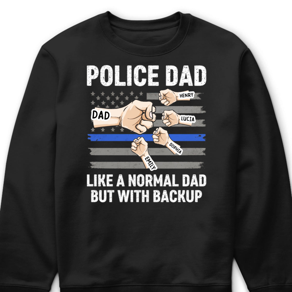 Personalized police dad shirt with custom kids names and Thin Blue Line fist bump artwork for law enforcement fathers image 7