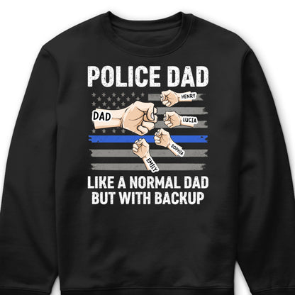Personalized police dad shirt with custom kids names and Thin Blue Line fist bump artwork for law enforcement fathers image 7