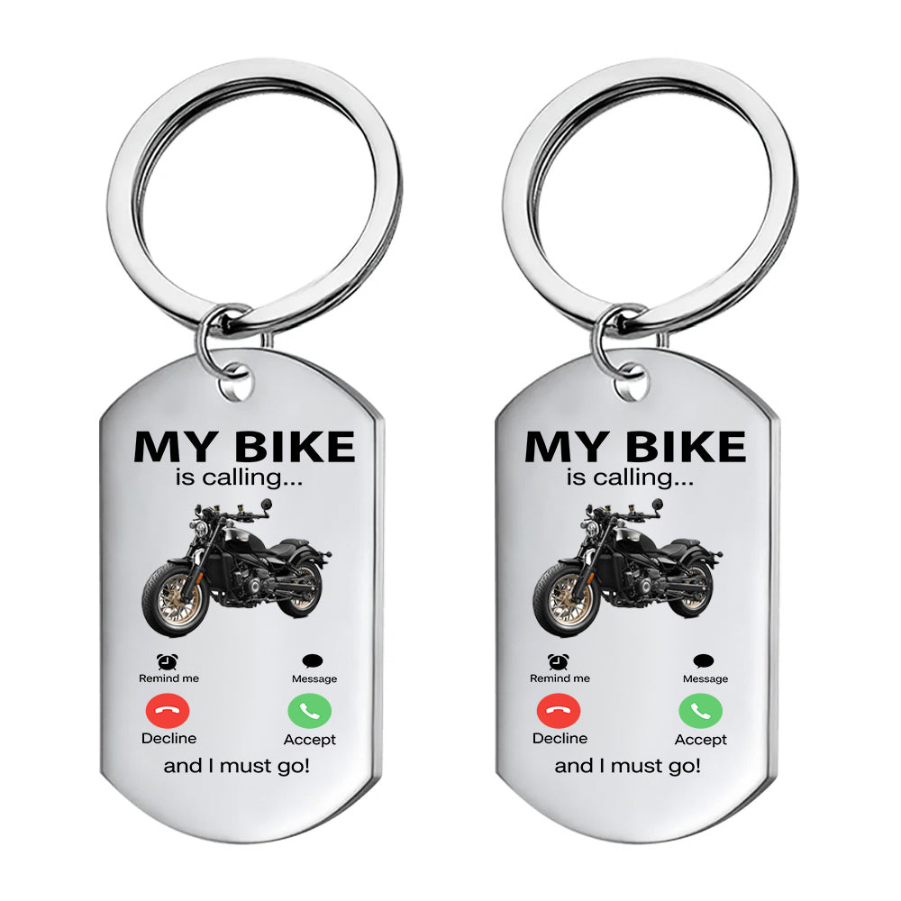 Custom motorcycle keychain featuring My Bike Is Calling graphic print for passionate biker dad birthday gift