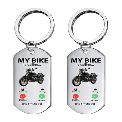 Custom motorcycle keychain featuring My Bike Is Calling graphic print for passionate biker dad birthday gift