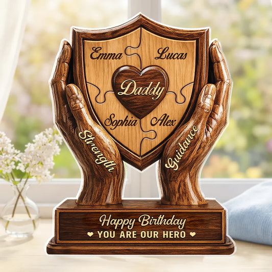 Personalized dad acrylic plaque with shield puzzle design and custom kids names for Father's day gift