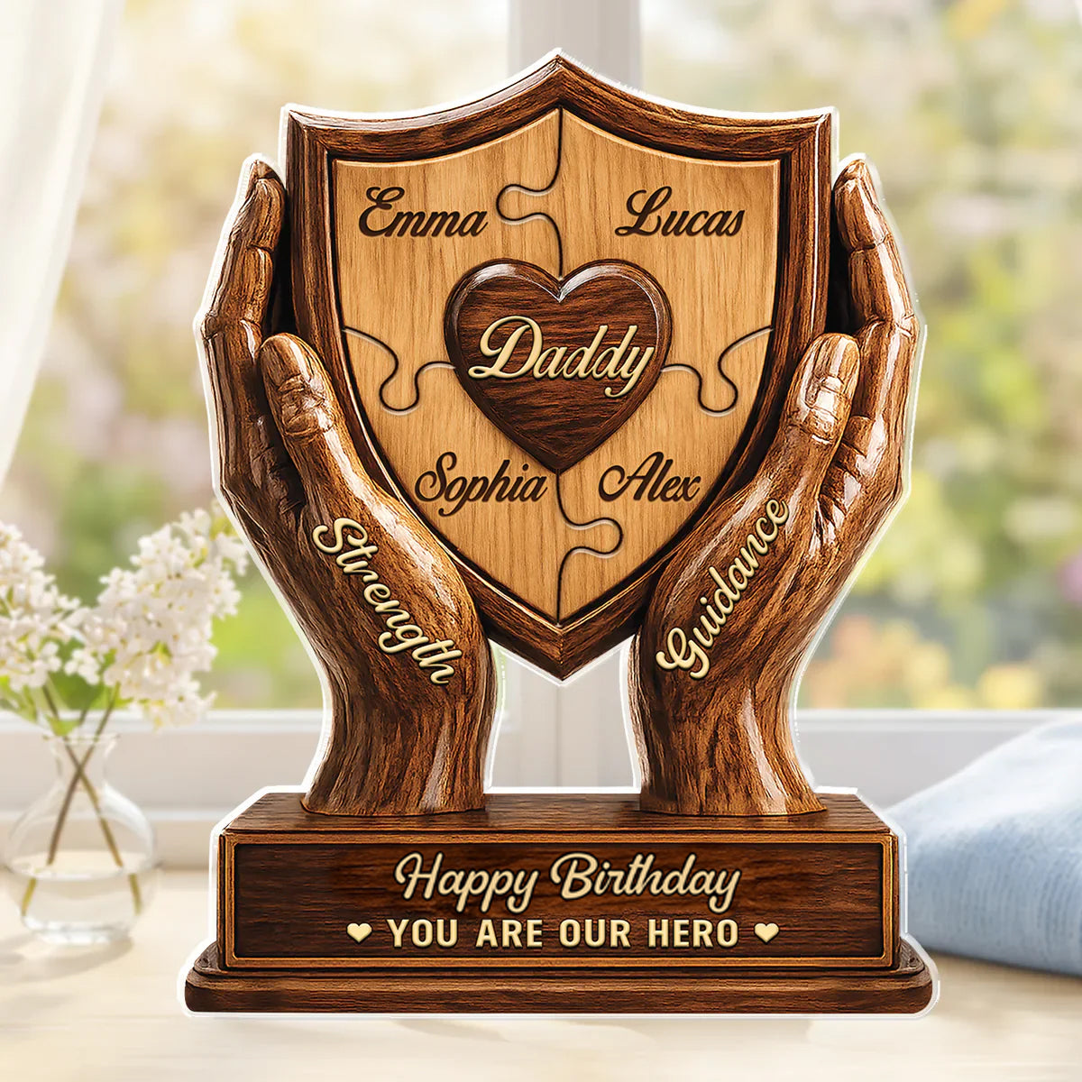 Personalized dad acrylic plaque with shield puzzle design and custom kids names for Father's day gift