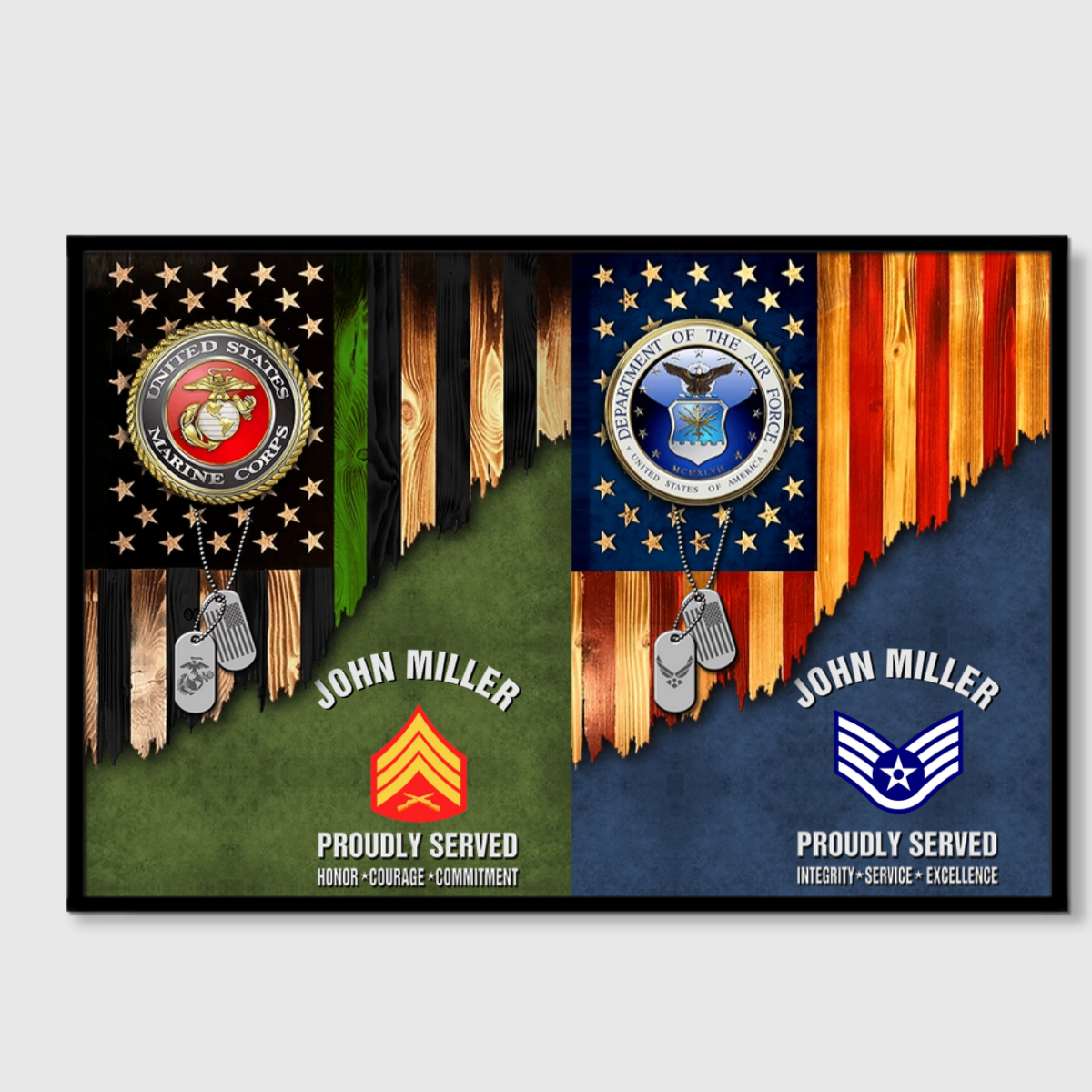 Custom Dual-Branch Veteran Rustic American Flag Canvas - Personalized Name & Rank Military Retirement Gift