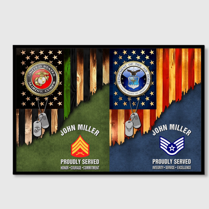 Custom Dual-Branch Veteran Rustic American Flag Canvas - Personalized Name & Rank Military Retirement Gift