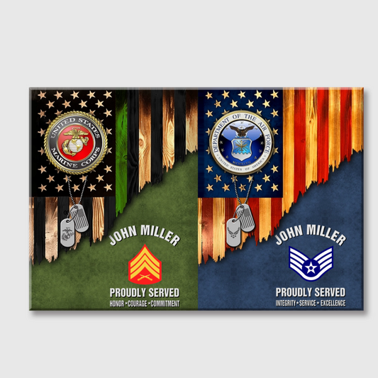 Custom Dual-Branch Veteran Rustic American Flag Canvas - Personalized Name & Rank Military Retirement Gift
