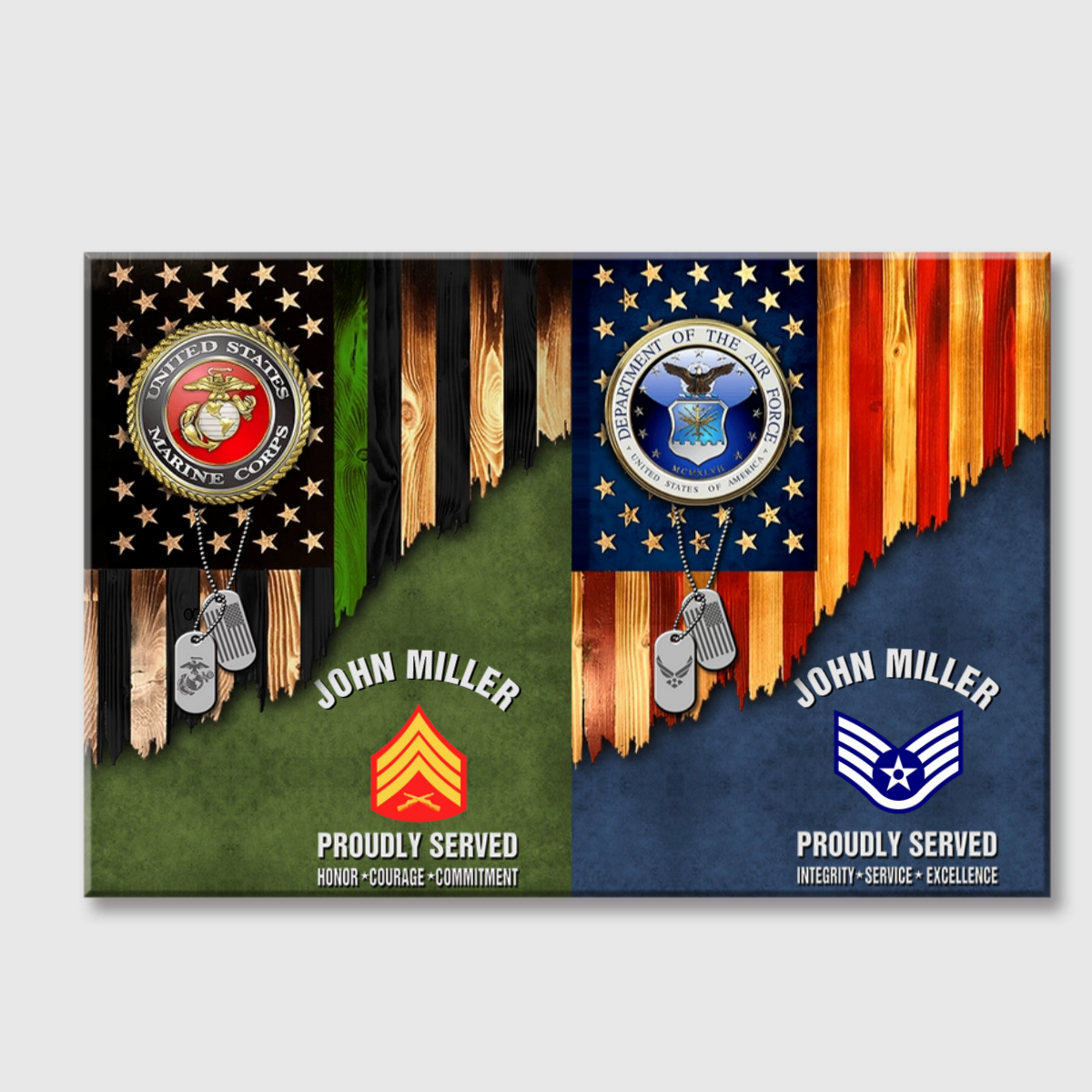 Custom Dual-Branch Veteran Rustic American Flag Canvas - Personalized Name & Rank Military Retirement Gift