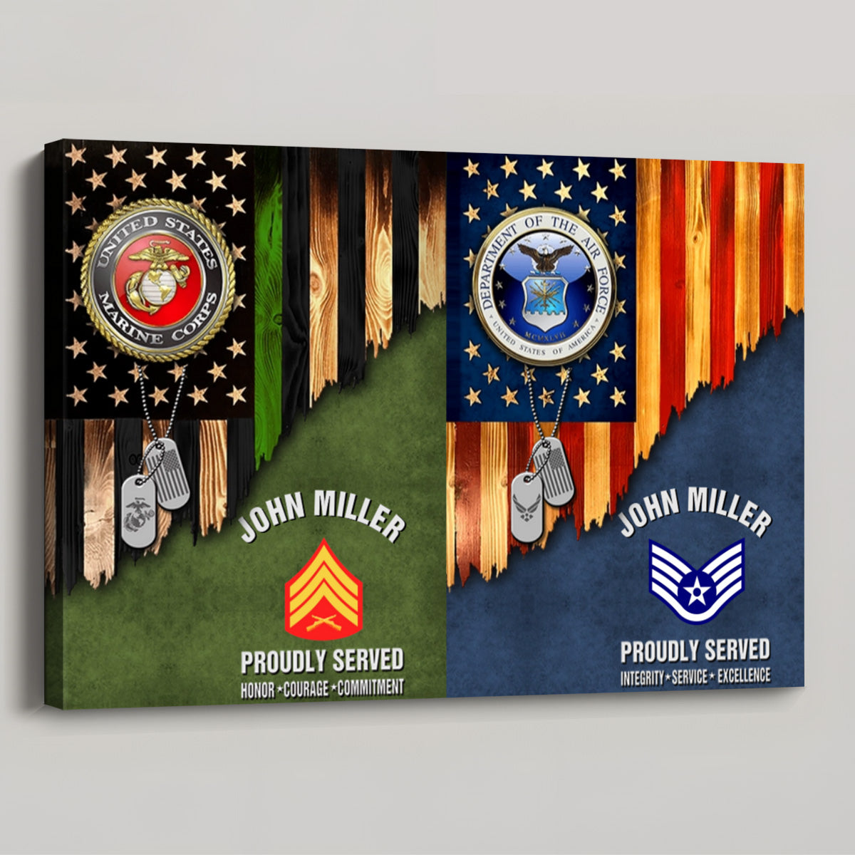 Custom Dual-Branch Veteran Rustic American Flag Canvas - Personalized Name & Rank Military Retirement Gift