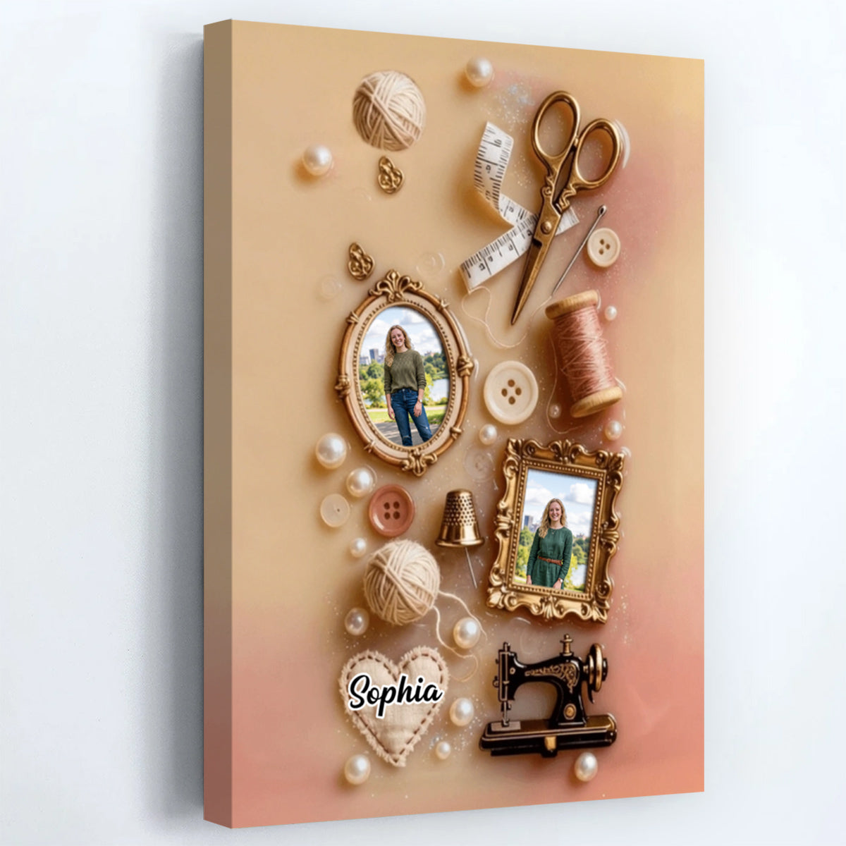 Personalized sewing canvas wall art with custom photos and vintage sewing machine elements for seamstresses