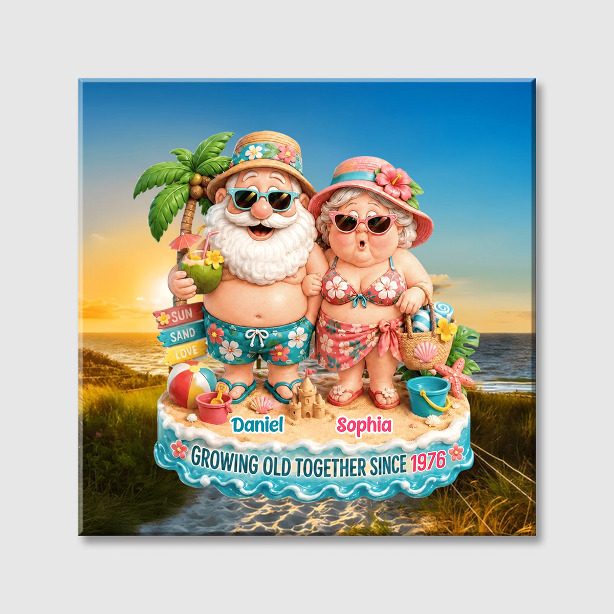 Growing Old Together Personalized Square Canvas - Custom Beach themed Gift for Couples