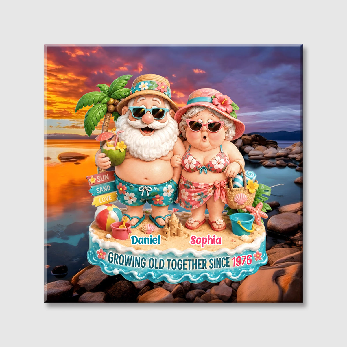 Growing Old Together Personalized Square Canvas - Custom Beach themed Gift for Couples