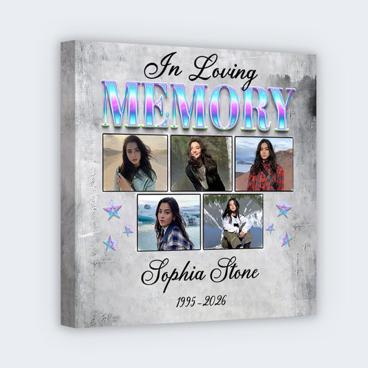 Personalized remembrance canvas wall art featuring a 6-photo collage and custom name inscription for a memorial gift.