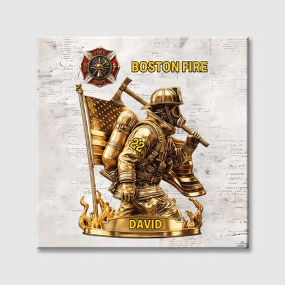 Personalized Proud Firefighter American Square Canvas - Custom Wall Art Gift for Fireman