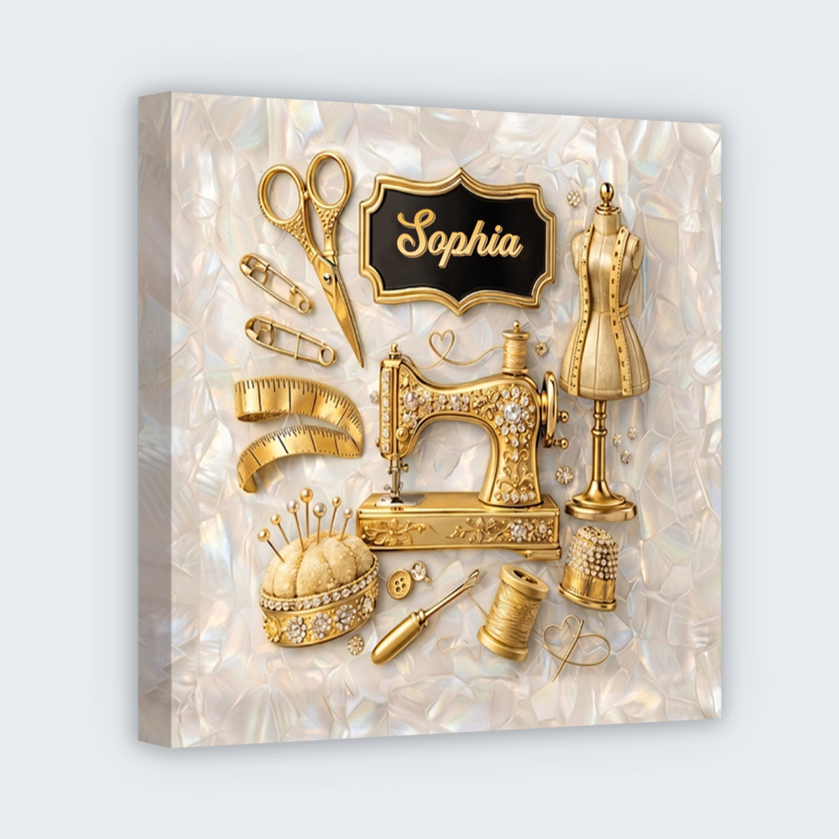 A Seamstress Weaves Her Dreams With Golden Sewing Machine And Tools - Personalized Custom Square Canvas
