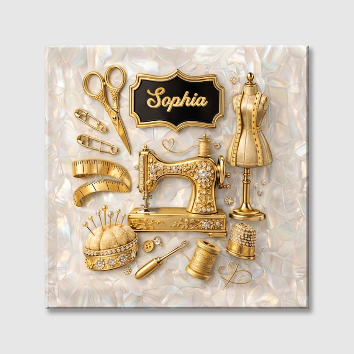 A Seamstress Weaves Her Dreams With Golden Sewing Machine And Tools - Personalized Custom Square Canvas