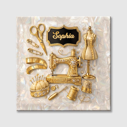 A Seamstress Weaves Her Dreams With Golden Sewing Machine And Tools - Personalized Custom Square Canvas