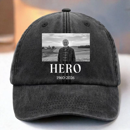 Custom Memorial Hero Photo Cap - Personalized Washed Cotton Baseball Cap