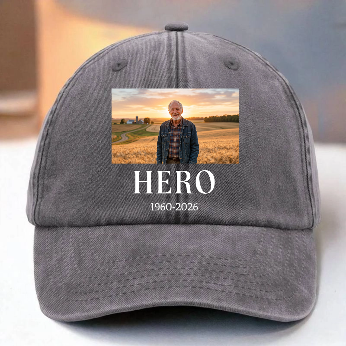 Custom Memorial Hero Photo Cap - Personalized Washed Cotton Baseball Cap