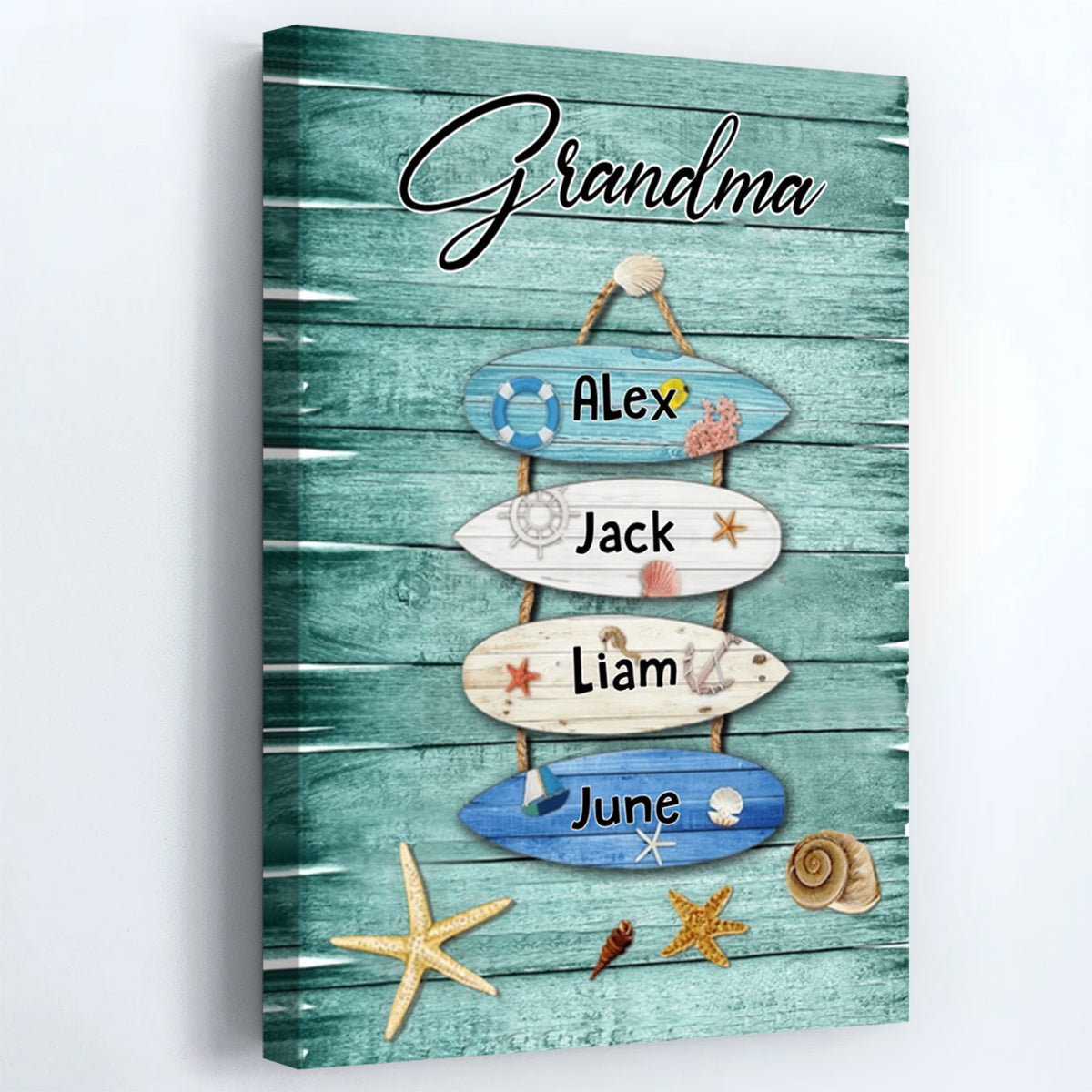 Personalized grandkids canvas wall art with surfboards for Grandma beach decor gift