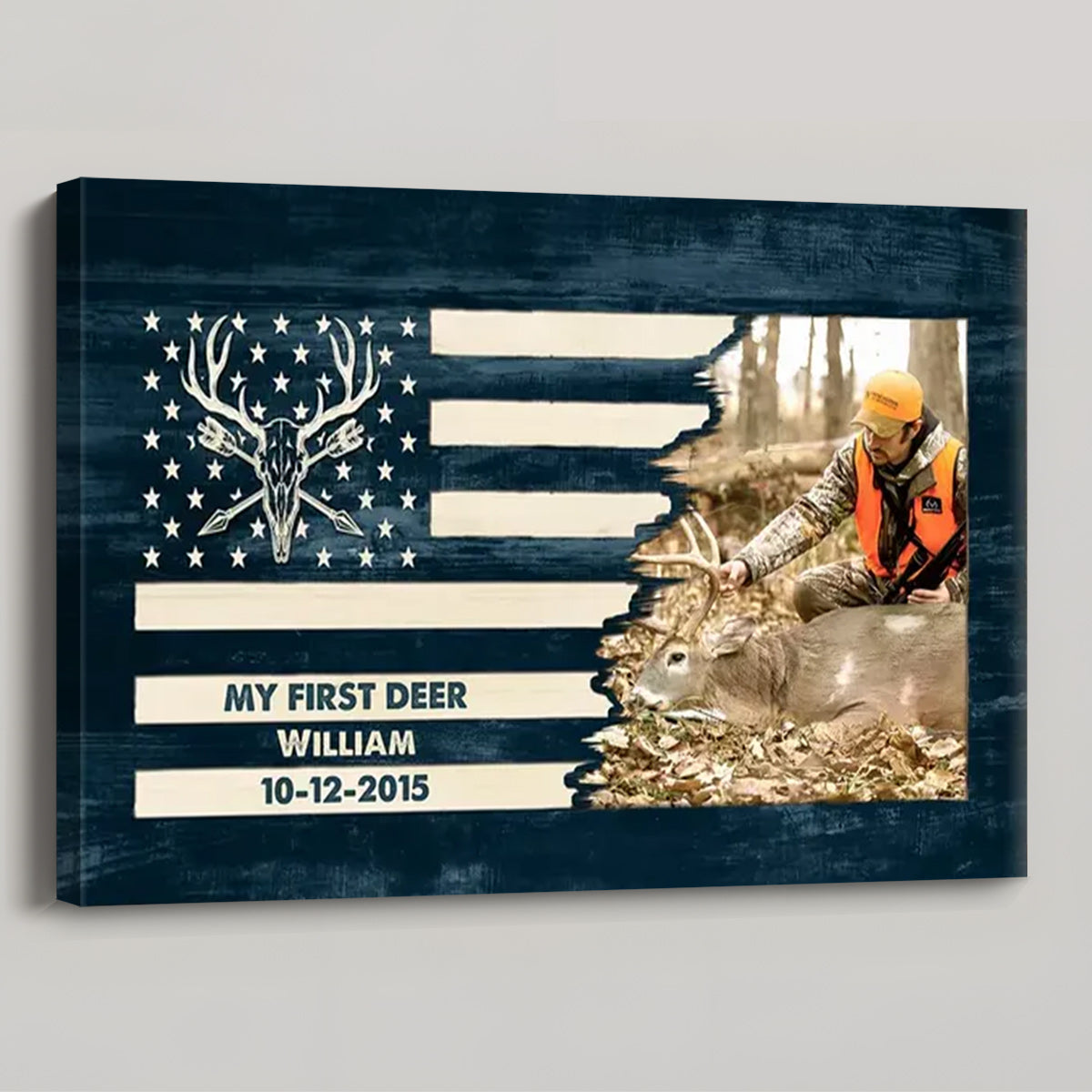 My First Deer Personalized Hunting Photo Canvas / Poster - Custom American Flag Gift for Hunters