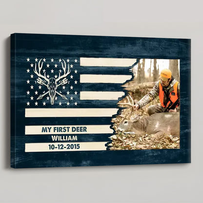 My First Deer Personalized Hunting Photo Canvas / Poster - Custom American Flag Gift for Hunters