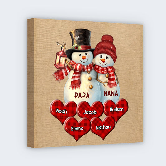 Christmas Couple Snowman Personalized Square Canvas - Custom Grandkids Name Gift for Grandma Grandpa