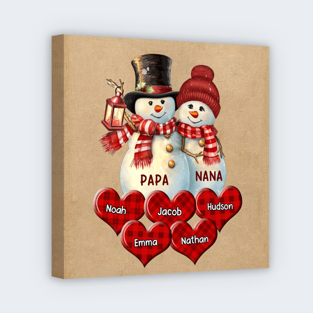 Christmas Couple Snowman Personalized Square Canvas - Custom Grandkids Name Gift for Grandma Grandpa