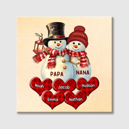 Christmas Couple Snowman Personalized Square Canvas - Custom Grandkids Name Gift for Grandma Grandpa