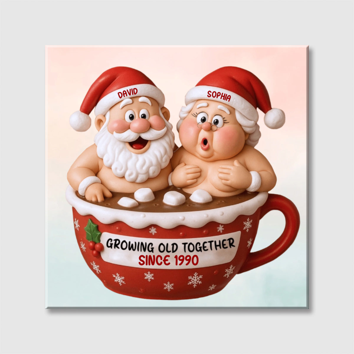Growing Old Together Santa Claus In Hot Chocolate Cup - Personalized Couple Square Canvas