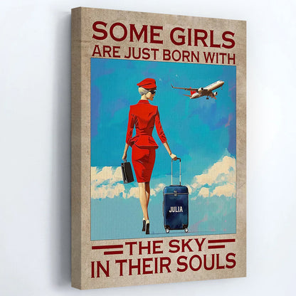 "Some Girls Are Just Born With The Sky" Personalized Stewardess Canvas / Poster - Custom Wall Art Gift for Flight Attendant