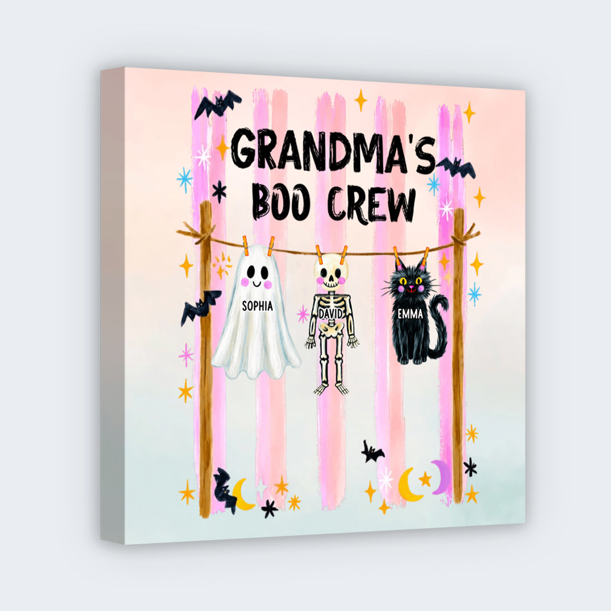 Grandma's Boo Crew Preppy Pattern Personalized Square Canvas - Custom Trendy Fall Halloween for Grandma