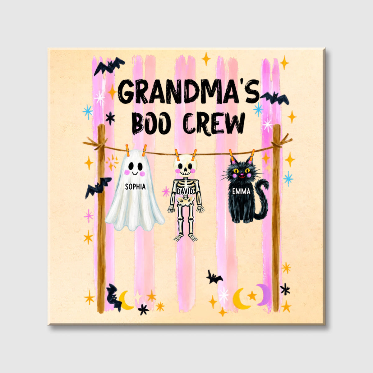 Grandma's Boo Crew Preppy Pattern Personalized Square Canvas - Custom Trendy Fall Halloween for Grandma