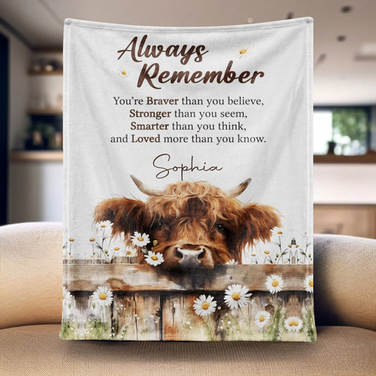 Always Remember You Are Braver - Personalized Highland Cow Daisy Flower Blanket