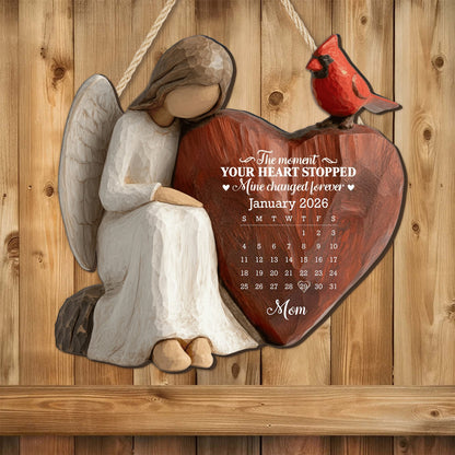 The Moment Our Heart Stopped Personalized Angel Cardinal And Calendar Heart - Personalized Custom Wood Sign