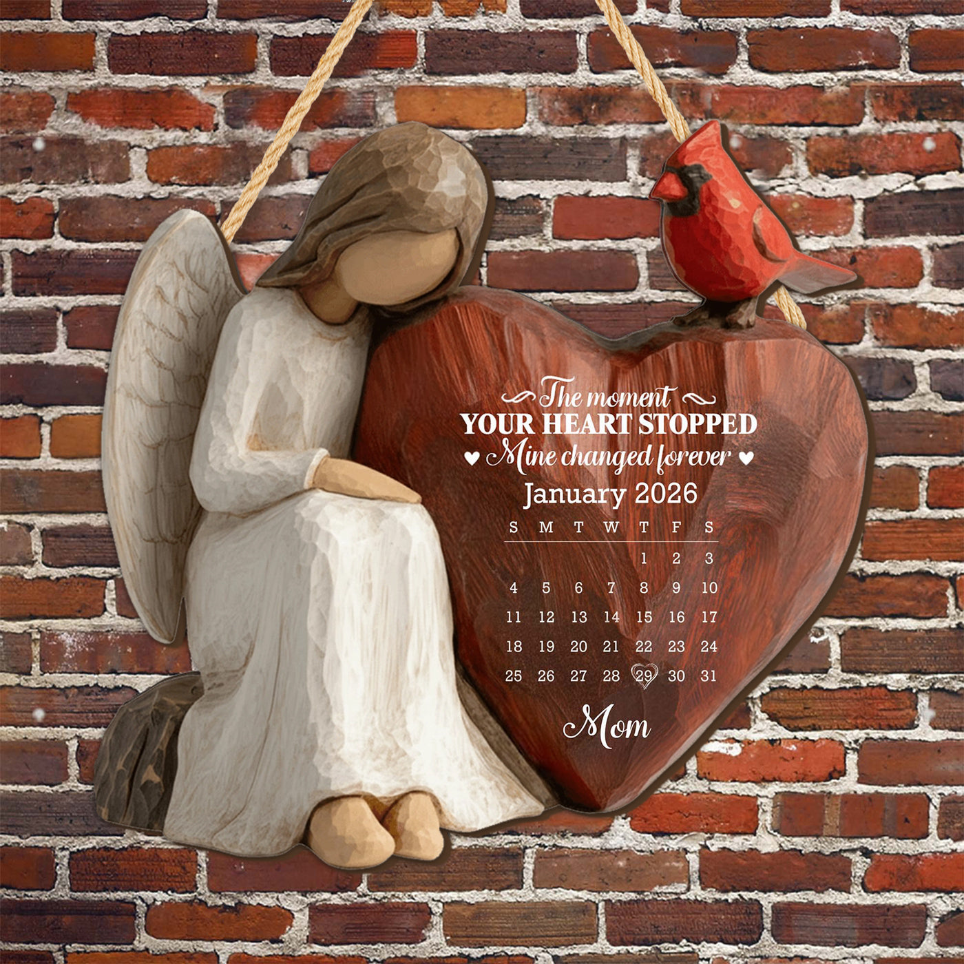 The Moment Our Heart Stopped Personalized Angel Cardinal And Calendar Heart - Personalized Custom Wood Sign