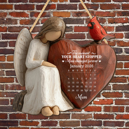 The Moment Our Heart Stopped Personalized Angel Cardinal And Calendar Heart - Personalized Custom Wood Sign