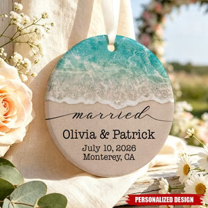 Custom Beach Wedding Ornament for Couples with personalized design details for meaningful gifting
