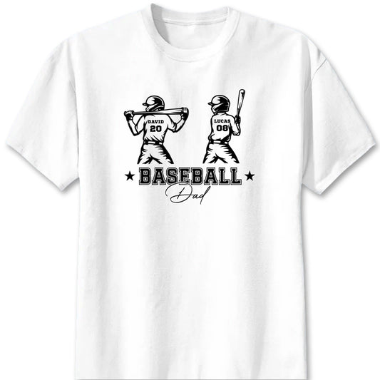Personalized baseball dad shirt featuring customized player silhouettes with kids names and numbers on back