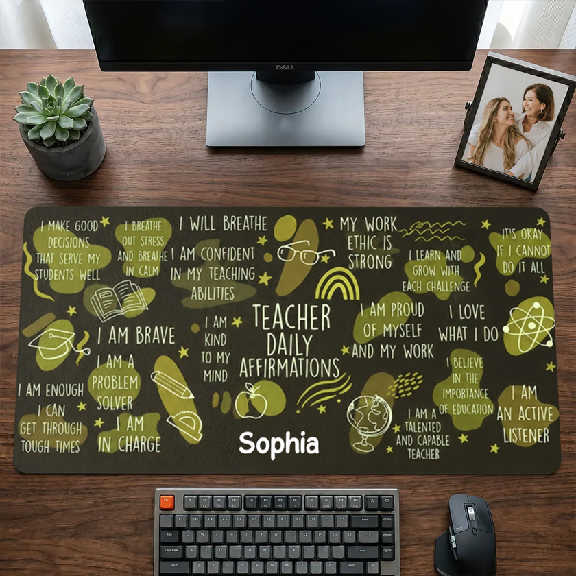 Custom Teacher Daily Affirmations Leather Desk Mat - Personalized Gift for Teacher