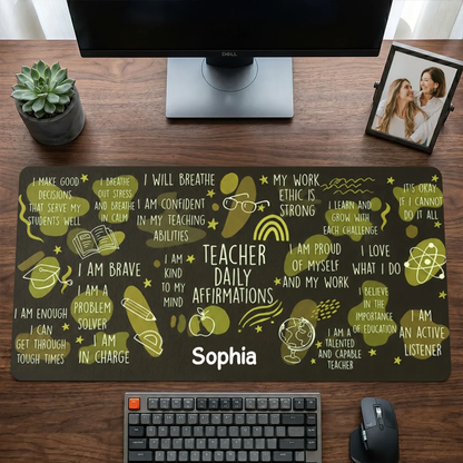 Custom Teacher Daily Affirmations Leather Desk Mat - Personalized Gift for Teacher