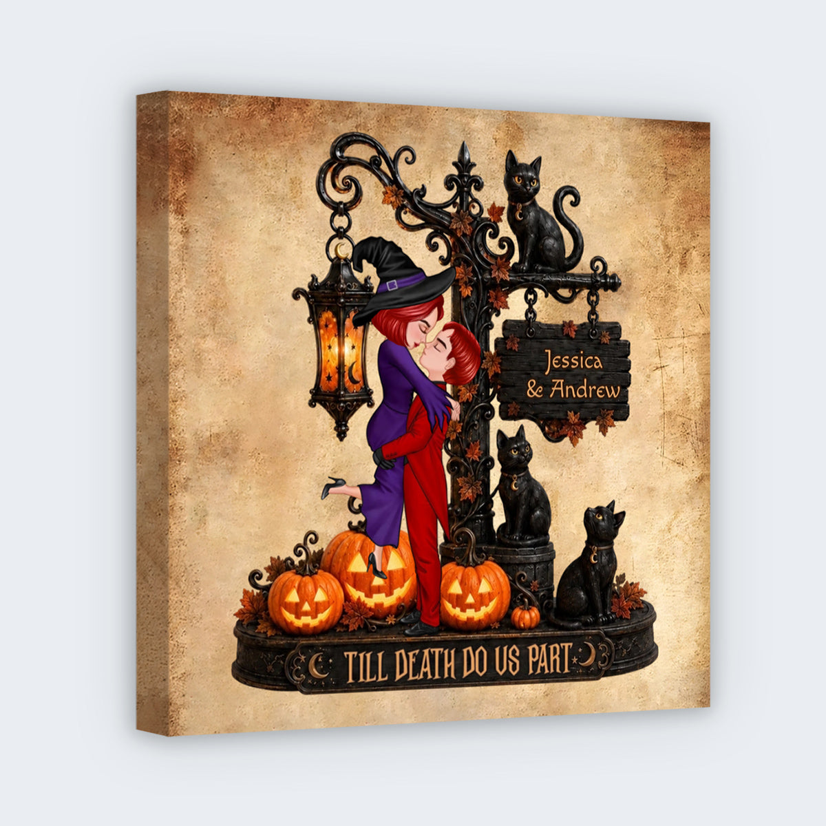 Till Death Do Us Part Personalized Square Canvas - Custom Halloween Fall Decor for Couples