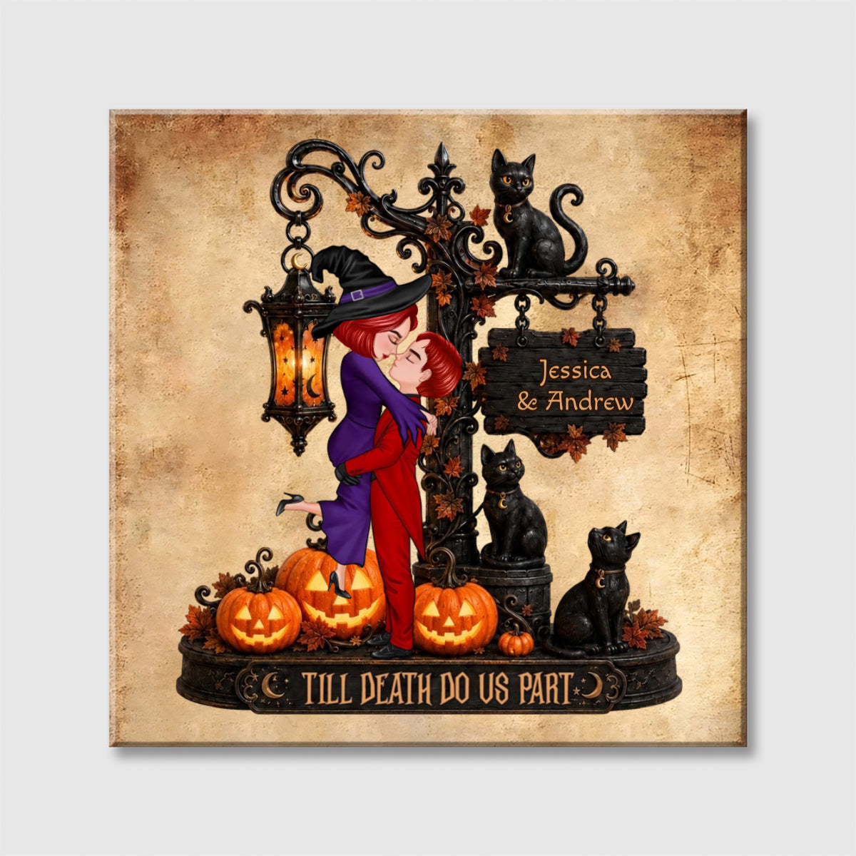 Till Death Do Us Part Personalized Square Canvas - Custom Halloween Fall Decor for Couples