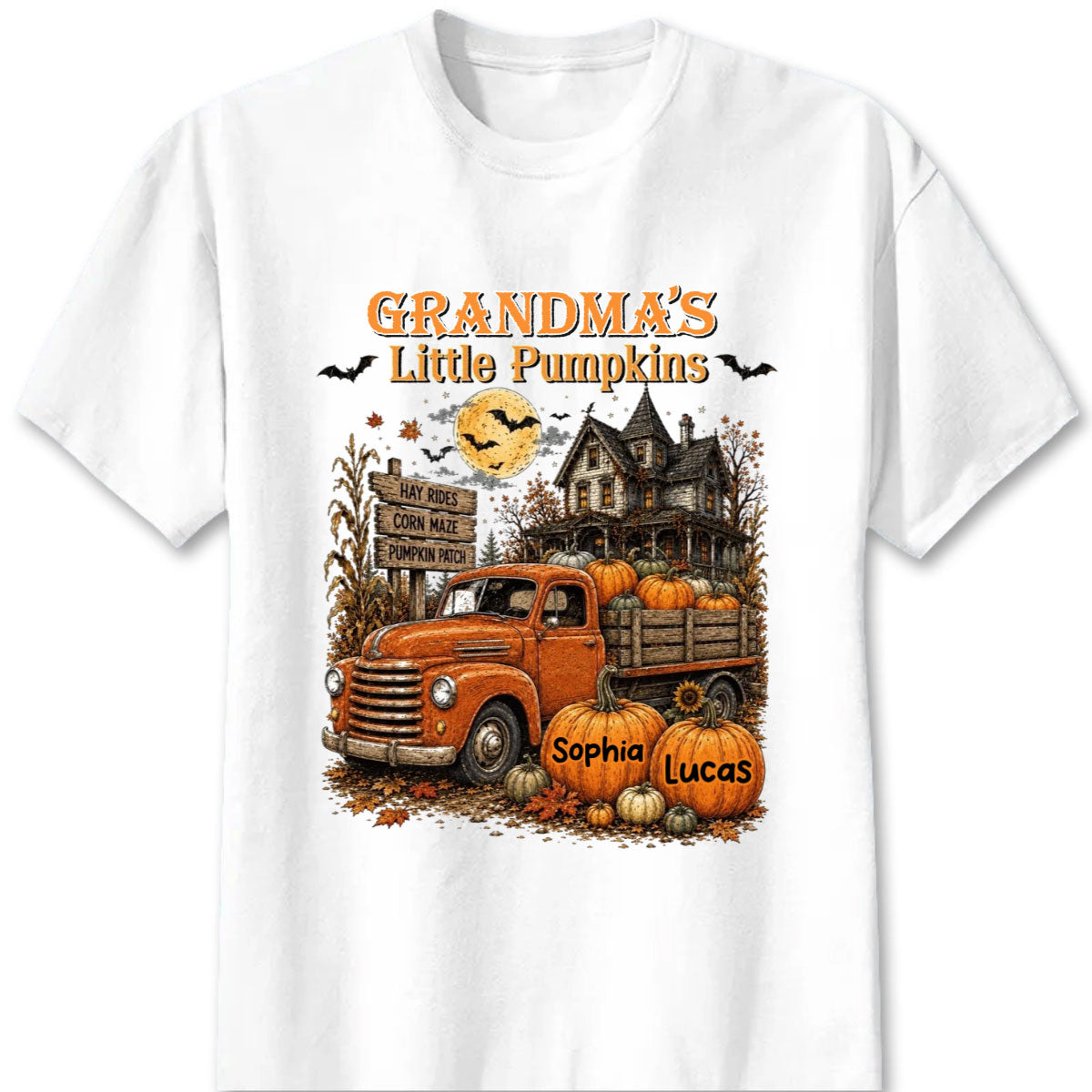 "Grandma's Little Pumpkins" Retro Vintage Farmhouse Halloween Truck Shirt - Personalized Gift for Grandma