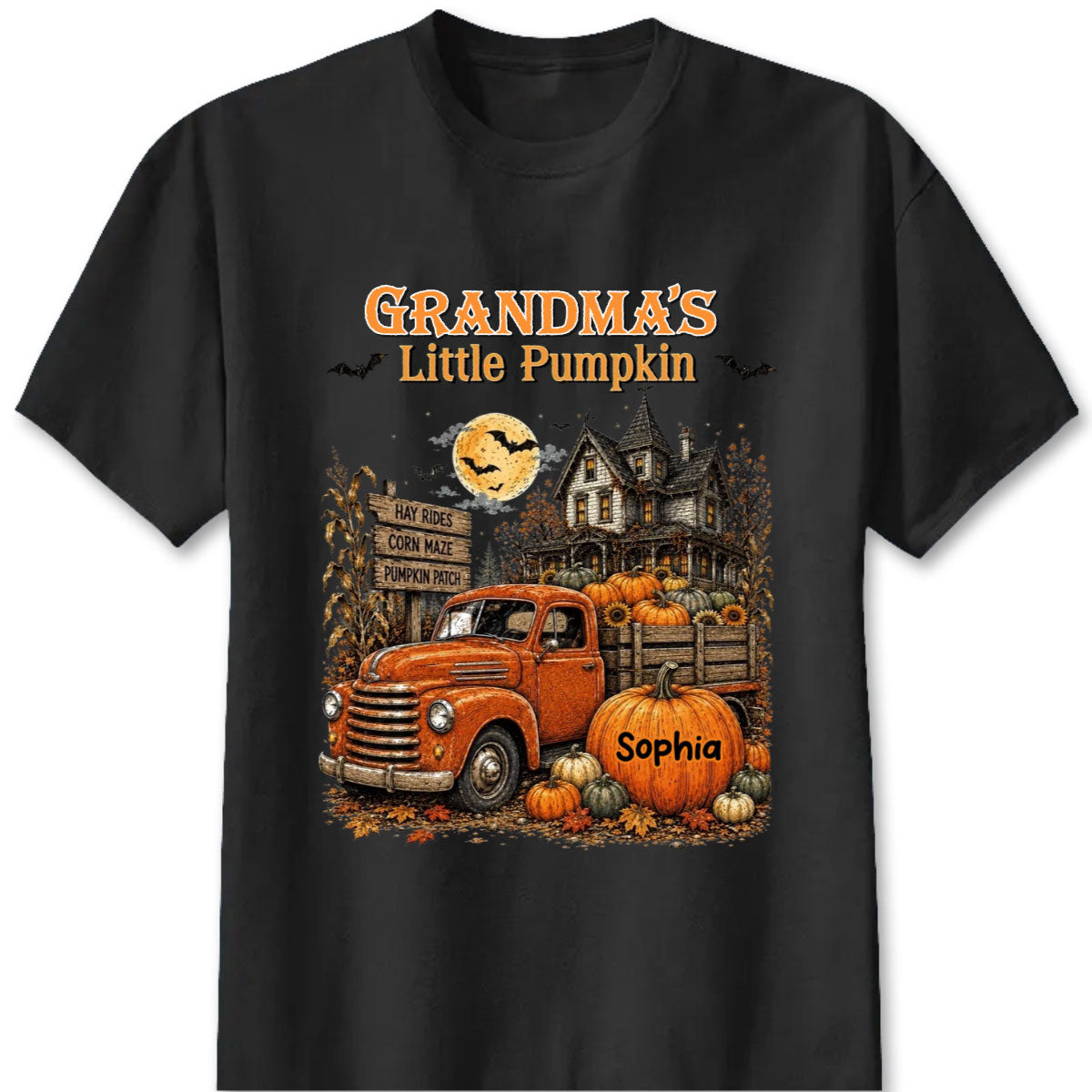 "Grandma's Little Pumpkins" Retro Vintage Farmhouse Halloween Truck Shirt - Personalized Gift for Grandma