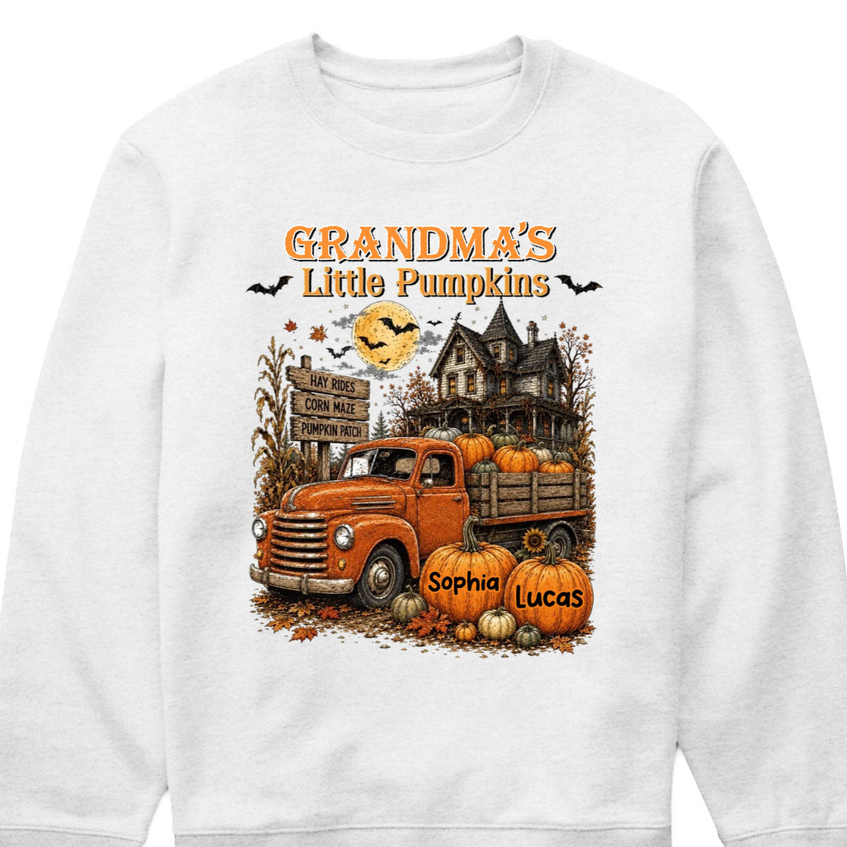 "Grandma's Little Pumpkins" Retro Vintage Farmhouse Halloween Truck Shirt - Personalized Gift for Grandma