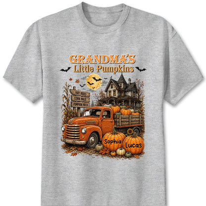 "Grandma's Little Pumpkins" Retro Vintage Farmhouse Halloween Truck Shirt - Personalized Gift for Grandma